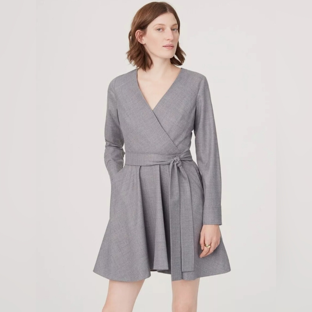 Club Monaco Donisha Gray Wool Blend Faux Wrap Belted Long Sleeve Dress